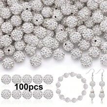 50/100pcs 10mm Handmade Ice Series Crystal Clay Beads - Baseball Sparkle Shamballa Disco Ball Design, Light Blue Fancy Sparkle, For DIY Jewelry Making, Necklace, Christmas Decoration, Crystal Beads, Necklace Bead Accessories, Shiny Bead Design, Handmade Beads