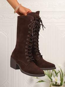 Giày bốt vải da lộn buộc dây phong cách phương Tây dành cho nữ, giày bốt tăng chiều cao cosplay Violet Evergarden có quai - Cà phê nâu - Xem 6