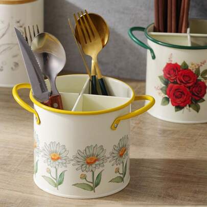 NYKAINMAN 1pc Vintage Cast Iron Cutlery Storage With 4 Compartments – Spoon, Fork And Chopsticks Bucket, Kitchen Drain Basket Storage Rack, Kitchen Utensils, Christmas, Mother Plot, Valentine's Day