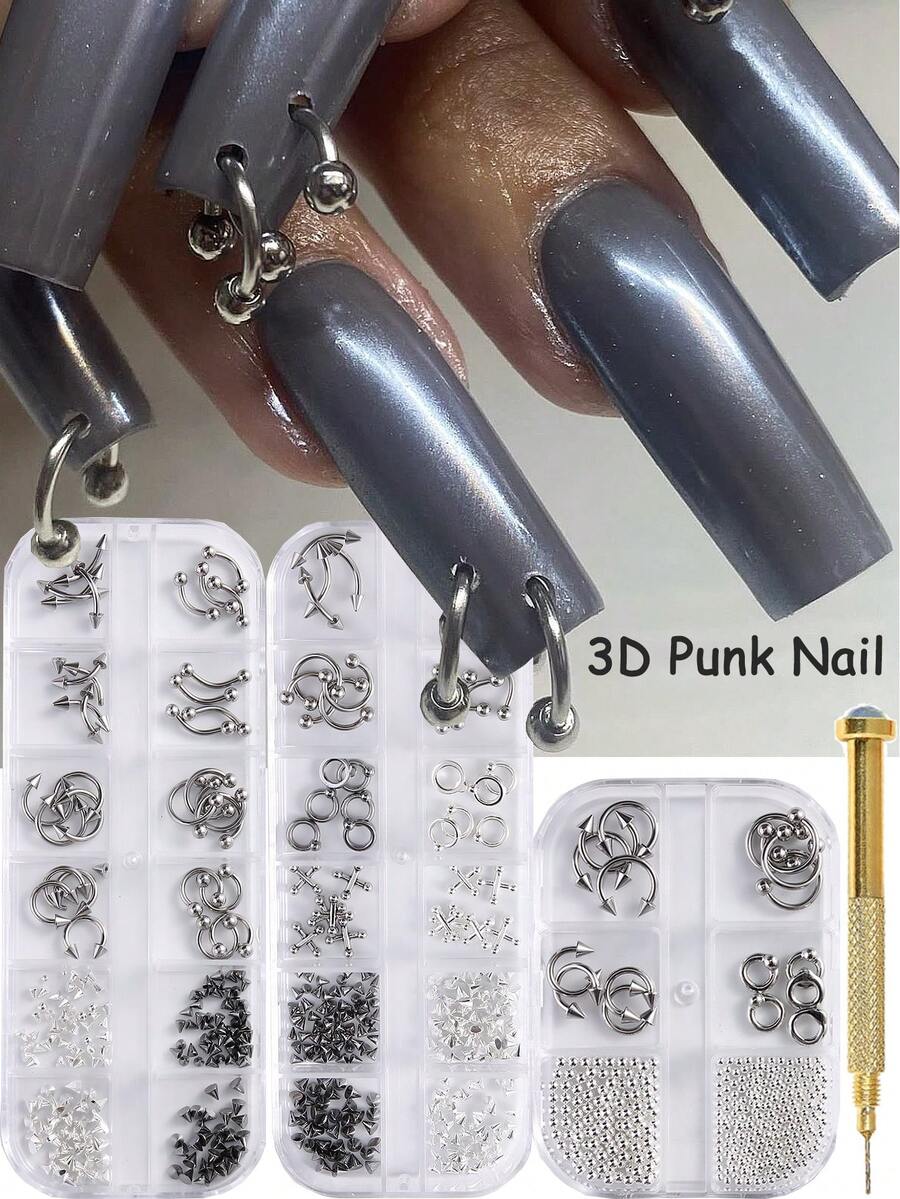 3D银色金属铆钉美甲装饰品，3D合金朋克美甲配件Y2K哥特星空行星铆钉锥形美甲用品，金色美甲打孔笔，美甲凝胶指甲油美甲沙龙用品 - 彩色 - 查看 1