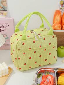 1 Stück süße Erdbeermuster Lunch Tragetasche aus Cord, isolierte Lunch Box Tasche mit großem Fassungsvermögen, Bento Tasche mit Fächern, wasserdichte Kühltasche, multifunktionale isolierte Lunch Box, wiederverwendbare Kühltasche für Getränke, Picknicktasche - Verschiedenfarbig - Übersicht 8