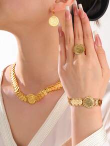 1 Set Ancient Coin Necklace, Earrings, Bracelet, Ring Vintage Element Jewelry Set, Ideal For Weddings, Parties, Festivals - Yellow Gold - View 1