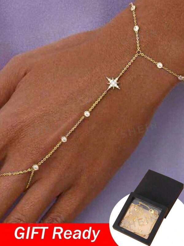 1pc Gold-Color Non-Fading Rhinestone Decor Full Finger Bracelet, Fashionable Bridal Jewelry, Gift Box Packaging