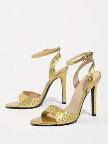 女士圆头纯色金属六角纹理带交叉踝带细高跟凉鞋，优雅时尚迷人派对金色高跟鞋，适合所有季节