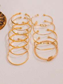 12件套时尚欧美风手链套装，包含箭头、花卉、夸张六芒星图案，扭结可调节多层腕带，珠宝礼品 - 金黃色 - 查看 3