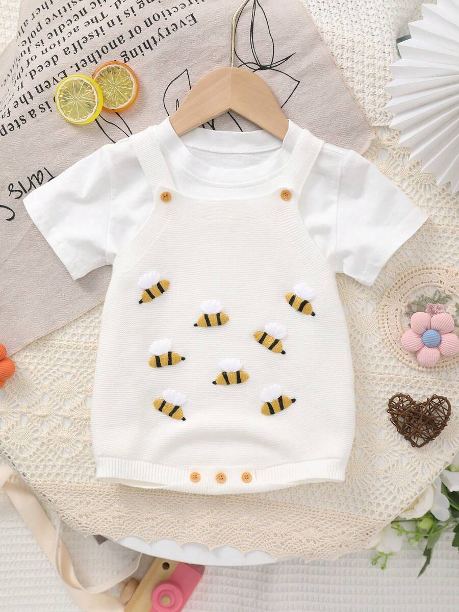 Infant Girls' Knitted Suspender Cute Bee Handmade Embroidery Sweet Suspender Bodysuit - White - View 1