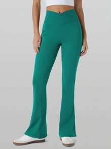 RUNONWHEELS 5 高腰喇叭裤日常健身运动紧身裤，女式提臀瑜伽紧身裤，女式高腰交叉设计喇叭紧身裤 - 墨綠色 - 查看 6