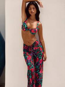 Sexy Women's Bikini Set, Floral Print, Halter Top With Ruffle, Drawstring Skirt, High Elasticity, Beach Outfit - Multicolor - View 5
