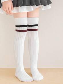 1双/4双装 儿童春夏条纹过膝袜，学院风中筒袜，百搭长筒袜，适合女孩 - 彩色 - 查看 20