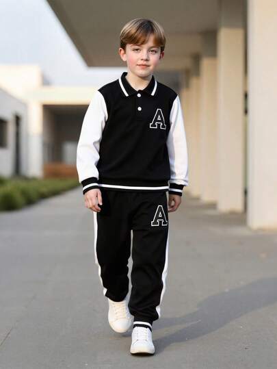 2 件套青少年男童春秋 Polo 衫和运动裤，黑白撞色字母印花长袖翻领半扣上衣，休闲运动裤，简约时尚男童装