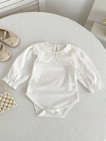春秋新款女婴连体衣，纯色长袖连体衣，女婴蕾丝领连体衣
