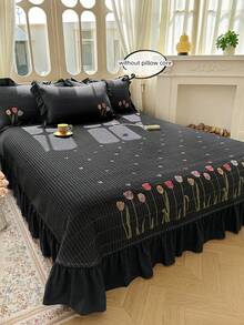 3件套花卉刺绣床上用品套装，绗缝毯和枕套，空调被毯 - 黑色 - 查看 6