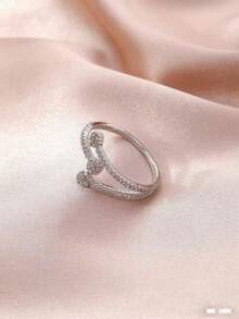 1pc 3-Flower Design Cubic Zirconia Encrusted Ring, Fashionable & Versatile, Suitable For Wedding, Engagement, Daily Wear, Gift Choice, Saudi National Day Promotion, Saudi Arabia Commemorative Jewelry, Halloween, Christmas - Silver - View 5