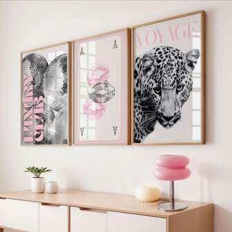 1/3pcs Frameless Pink Leopard Wall Art Set, B&W Gallery Wall Prints, Magazine-Style Decor For Office, Girls Room | Back To School, Room Decor, Dorm Essentials, Vintage Posters, Wall Prints, Bedroom Decor, Gift