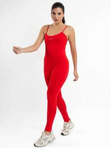 Women's Long Polyamide Fitness Gym Jumpsuit With Thin Straps - 紅色 - 查看 1