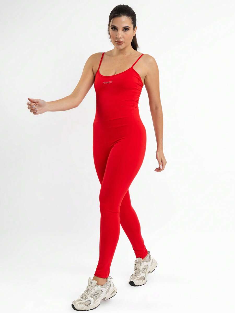 Women's Long Polyamide Fitness Gym Jumpsuit With Thin Straps - 紅色 - 查看 1