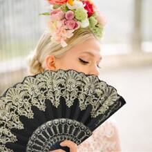 1pc Women White Folding Fan With Silver Flower Pattern, Fashion Dance Fan