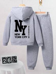 Tween Boy Letter Graphic Print Warm Hoodie And Sweatpants Casual Outfit