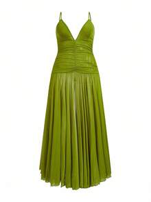 CurvyTilda Tildaharris Plus Size Women Solid Color Ruched Waist Sleeveless Sexy Cami Dress, Beach Outfits, For Hourglass Body Shape - Lime Green - View 2