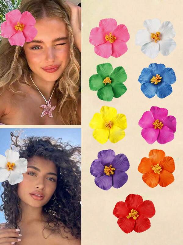 1/4/6pcs Retro Hibiscus Flower Hair Clips For Women, Beach Holiday Style, Solid Color, Bohemian, Elegant PVC Hair Accessories, For All Seasons Valentine's Day