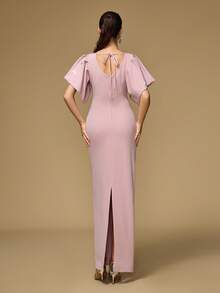 Women's Round Neck Puff Sleeve, Drawstring Back Neck, Handmade Rhinestone Embellished Elegant Dress - Pink - View 2