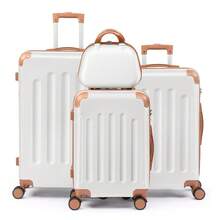 SUNROAD A Stylish Set Of ABS Suitcases With Vertical Stripes, Four-In-One Design With Handles And Universal Wheels. Available In 20in, 24in, 28in Sizes And 12in Carrying Case, Featuring ABS Aluminum Golden Pull Rods In A Fashionable Rose Gold Color Scheme - 白棕色 - 查看 1