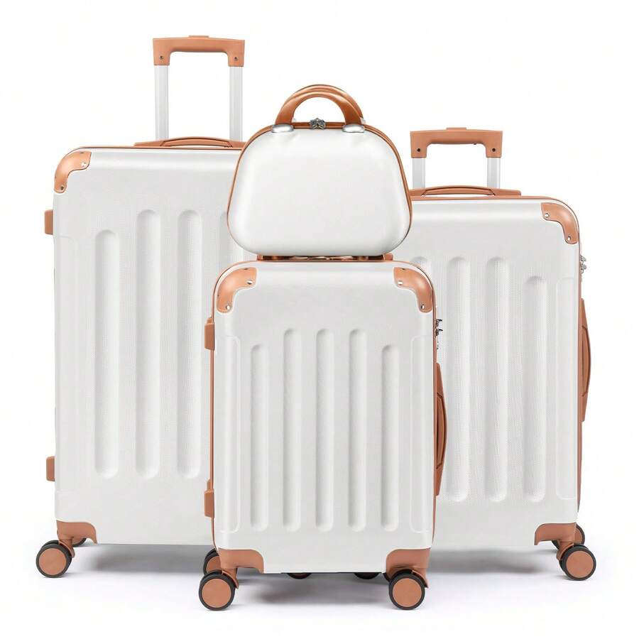 SUNROAD A Stylish Set Of ABS Suitcases With Vertical Stripes, Four-In-One Design With Handles And Universal Wheels. Available In 20in, 24in, 28in Sizes And 12in Carrying Case, Featuring ABS Aluminum Golden Pull Rods In A Fashionable Rose Gold Color Scheme - 白棕色 - 查看 1