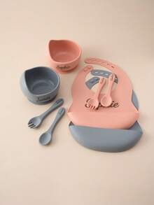 4PCS Personalized Customization Name Baby Silicone Tableware Suction Bowl Adjustment Bib Portable Spoon Fork Custom Color Contrast Dinner Set Back To School Winter Gift Ideas Boy Girl Valentine's Day, Letter, Ornamental, Exquisite, Stylish, Modern, Casual, Custom, Personalized, Unique, Customized, Ideal Gifts For Him, Ideal Gifts For Her, Son, Daughter - Multicolor - View 4
