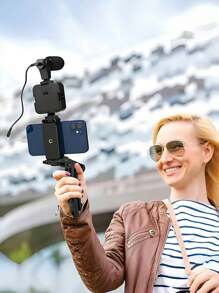 Supporto per fotocamera di telefono cellulare con luce LED rotante, mini microfono a fucile, supporto per telefono cellulare e treppiede pieghevole, stabilizzatore selfie portatile, supporto intelligente regolabile per interviste Vlog, kit di illuminazione live streaming LED - Treppiede da tavolo multifunzione in ABS, nero, treppiede portatile con altezza regolabile, design portatile a mano, perfetto per selfie, video e live streaming