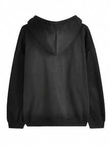 Solid Color Slim Fit Minimalist Loose Warm Lined Long Sleeve Sweatshirt, Suitable For Autumn/Winter - Black - View 5