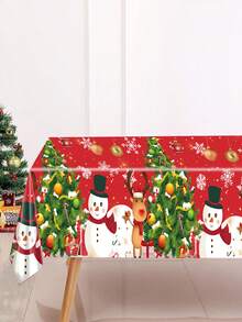 1Pc Christmas Tablecloth,Red Christmas Tree Snowman & Reindeer Pattern Table Cover,137*274cm Christmas Decor Plastic Tablecloth,Xmas Party Disposable PE Tablecloth,Merry Christmas Table Flag,Christmas Decoration For Home,Kitchen Dining Table Decor,Christmas Party Supplies,Christmas Gift,Holiday Party Favor,Xmas Decor,Home Decor - Red - View 6