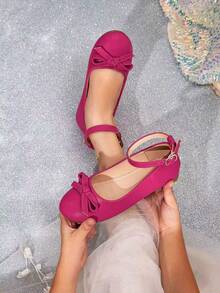 Girls' Princess Style Bow Decor Ankle Strap Flat Shoes