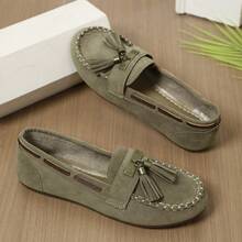 Sepatu Kasual Wanita Model Loafer Datar dengan Rumbai, Sepatu Datar Slip-On Sol Lembut dengan Pita Warna Polos untuk Semua Musim 2025, Koleksi Terbaru - Khaki - View 7