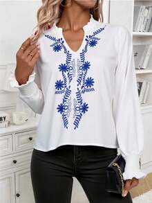 LINA Camisa Lino Algodon Liso Casual Blusa Estampado Floral Cuello V manga larga - Blanco - Ver 2