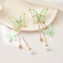 2 Pièces Boucles D'oreilles Pendantes Élégantes En Dentelle, Strass, Perles Fausses Et Papillon Avec De Longues Franges Pour Un Port Quotidien Pour Femme, Style Européen Et Américain