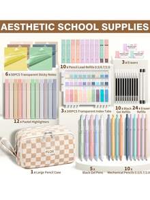 62PCS Large Capacity Pencil Pouch Stationery Pen Bag With Pastel Highlighters Black Ink Gel Pens Mechanical Pencils Set 0.5mm, 0.7mm & 2.0mm, Aesthetic School Supplies For Back To School Student & College Essentials Gifts - Kẻ ô màu be - Xem 2