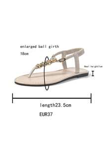 Sandal đế bằng quai chữ T trang trí kim loại dành cho nữ, dép xỏ ngón quai ngang co giãn, giày La Mã thường ngày cho kỳ nghỉ hè đi biển. - Màu be - Xem 8