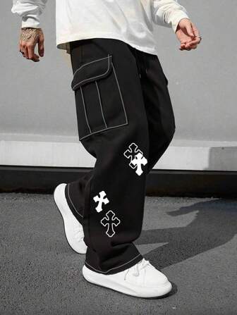 1 pezzo Pantaloni cargo da uomo multibolsca, vestibilità morbida con stampa a croce, adatti per spiaggia, casual, allenamento, sport all'aperto, tutte le stagioni, gamba dritta, stile di moda da strada, regalo per il fidanzato/marito, occasione speciale