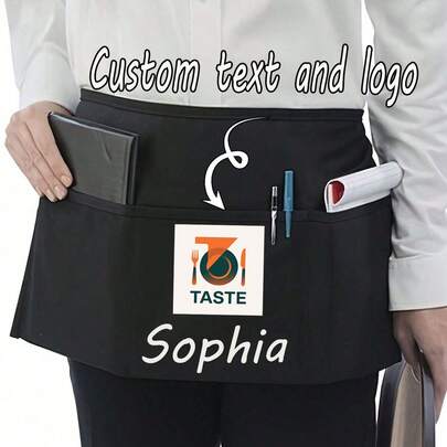 1Pc Personalized CustomUnisex Polyester Apron With 3 Pockets - Customizable Short Half Waist Waiter Work Uniform Hair Stylist Black Apron Hairdresser Beauty Salon Cosmetologist Cosmetology School Barber Gift Custom,For Kitchen, Hotel, Restaurant, Cooking, Baking, And Chef Use, Perfect For Personalized Text Or Logo