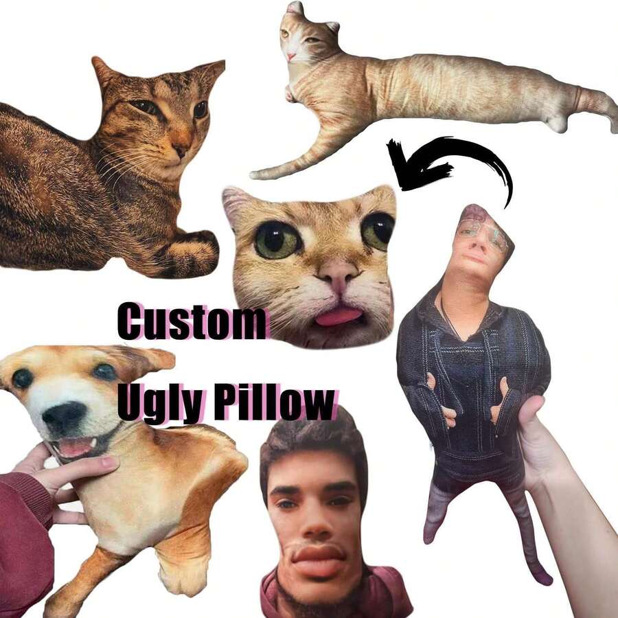 1个定制丑萌宠物抱枕 - DIY抽象设计，可个性化定制，适用于您的猫狗，无白边，是趣味礼物的完美之选，独一无二的宠物毛绒玩具