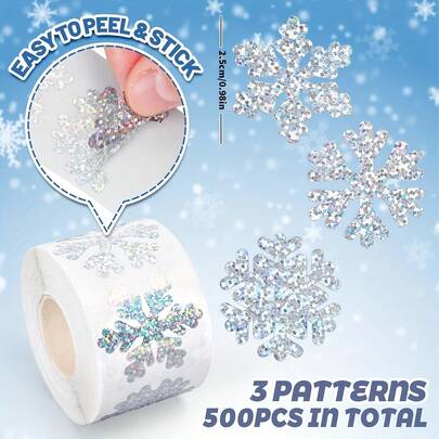 500/1500 Adesivi a fiocco di neve appiccicosi - Con decorazioni invernali scintillanti e autoadesive per Natale, feste, regali - Compatibili con laptop, bagagli, artigianato, scrapbooking - Fogli in carta sintetica (500/rotolo), decorazioni festive, motivi natalizi, adesivi durevoli