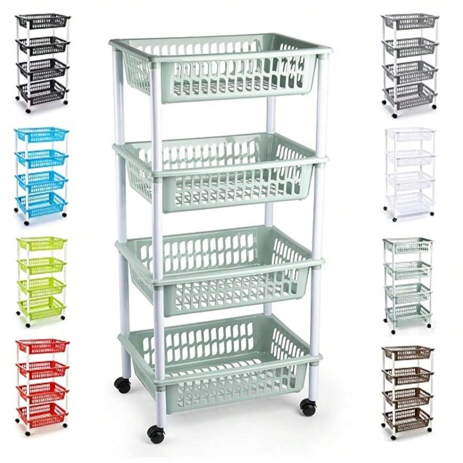 ARISE Rolling Organizer Cart, Multi-Purpose Stackable Baskets For Kitchen, Bathroom, Fruit And Vegetable Storage, 3 Or 4 Tiers, Multi-Color (4 Tiers: 85x40x30cm / 3 Tiers: 61x40x30cm) - 薄荷綠 - 查看 1