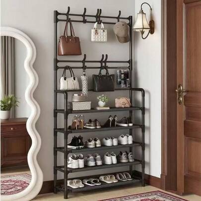 1pc Multi-Tier Integrated Shoe Rack, Multipurpose Floor Standing Shoe & Coat Hanger For Home, Dorm Entryway