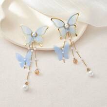 2 Pièces Boucles D'oreilles Pendantes Élégantes En Dentelle, Strass, Perles Fausses Et Papillon Avec De Longues Franges Pour Un Port Quotidien Pour Femme, Style Européen Et Américain