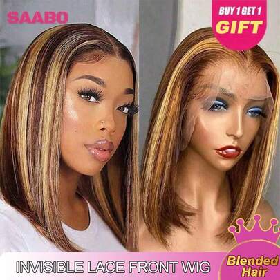 高光渐变波波头假发，真人发混纺，直发，4/27 蜜金色波波头蕾丝前假发，短发，13x4 高清蕾丝前短波波头假发，180% 密度，无胶直发波波头，30 英寸长混纺假发，女士款，12 英寸