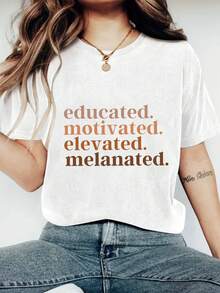 EDUCATED AND MOTIVATED Print Crew Neck T-Shirt - Fashionable Womens Graphic Print T-Shirt - Casual Short Sleeve Crew Neck Top - Lightweight & Breathable For Spring & Summer Wardrobe, 1 Piece, 200g - trắng - Xem 1