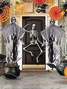 1 PIEZA Decoración de Halloween Fantasma colgante Accesorios de terror Adornos colgantes para exteriores Diseño de habitación embrujada Fantasma de gasa con calavera Colgante de puerta - Multicolor - Ver 3