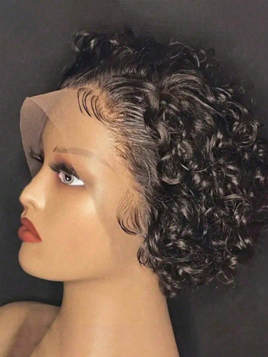 13"X1" Lace Front Transparent Lace Wave Pixie Short Wig, 6 Inch, 150% Density, Natural Black Short Human Hair Wig For Women