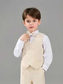 4-Piece Young Boy Formal Suit Boys Suit Elegant Beige Suit Vest Trousers With Bowknot Suitable For Weddings And Various Formal Occasions All Seasons