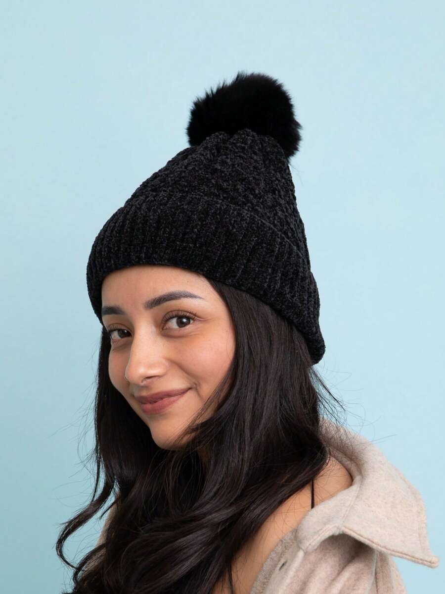 Gorro de punto de cable de terciopelo - Aspecto de invierno suave y elegante - Carbón - Ver 1